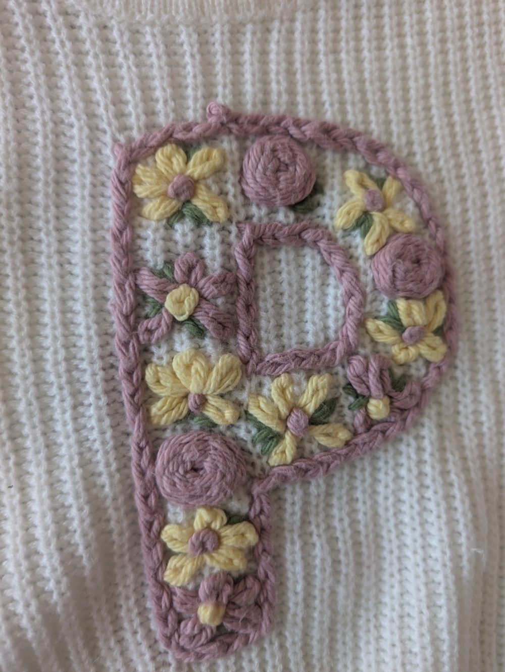 Cream Knit Sweater with Pink and Yellow Floral Patch Letter "P" - Picture 8 of 8
